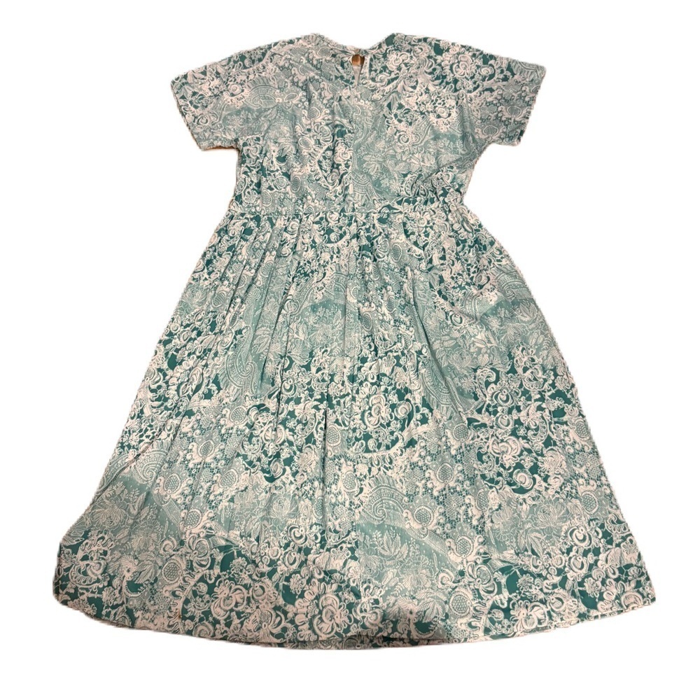 Vintage Blair Floral Patterned Dress Teal White Waist Tie Midi A-line Secretary